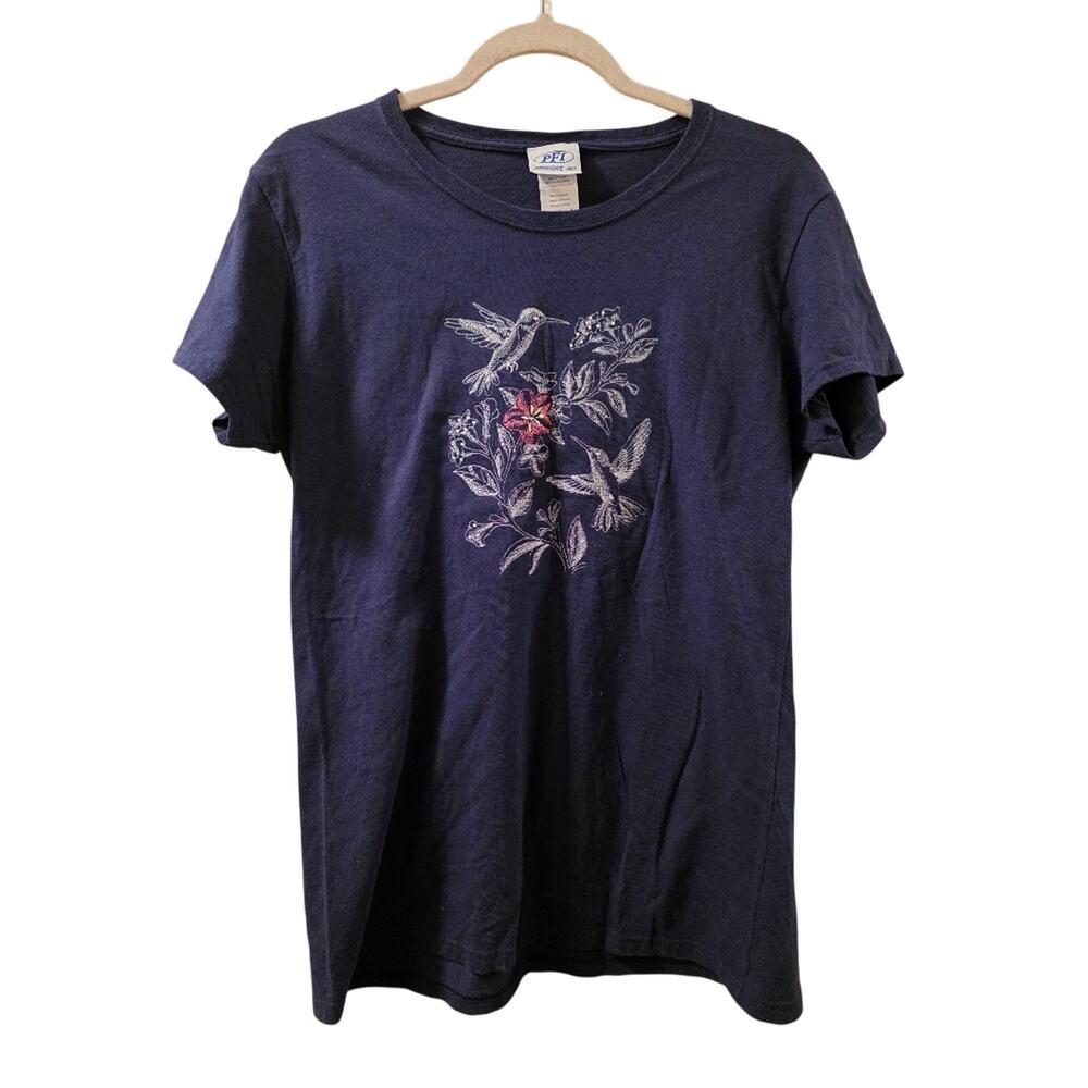 Vtg Humming Bird Floral Embroidered Top PFI Fashions Navy Blue Cottagecore L
